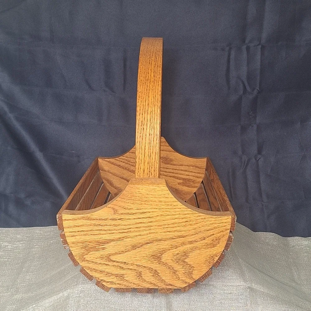 Vintage Oak Wood Slat Basket Tote Trug MCM Bentwood Arch Handle Cross Plains WI